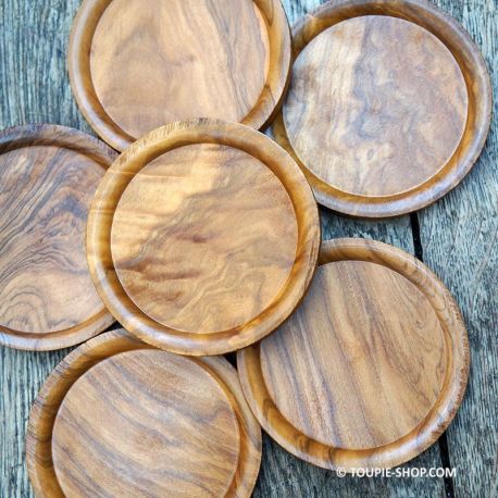 Petit plateau rond pour toupies en bois olivier accessoire de jeux achat cadeau artisanal piece unique jouet Toupie Shop