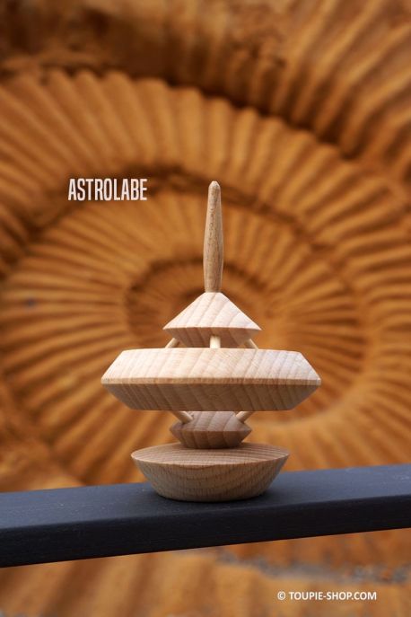Toupie astrolabe avec support jeux en bois de hetre cadeau unique original jouet artisanal fabrique en France collection toupies