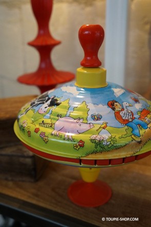 Jouet Ancien en Métal Toupie Avec Animaux de la Ferme Cochon Cheval Vache Oiseau Chat Toupie Shop Boutique Jeux Toupies Enfants